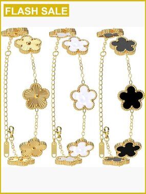 Adjustable 18K Gold Plated Clover Leaf Bracelet Set Stainless Steel